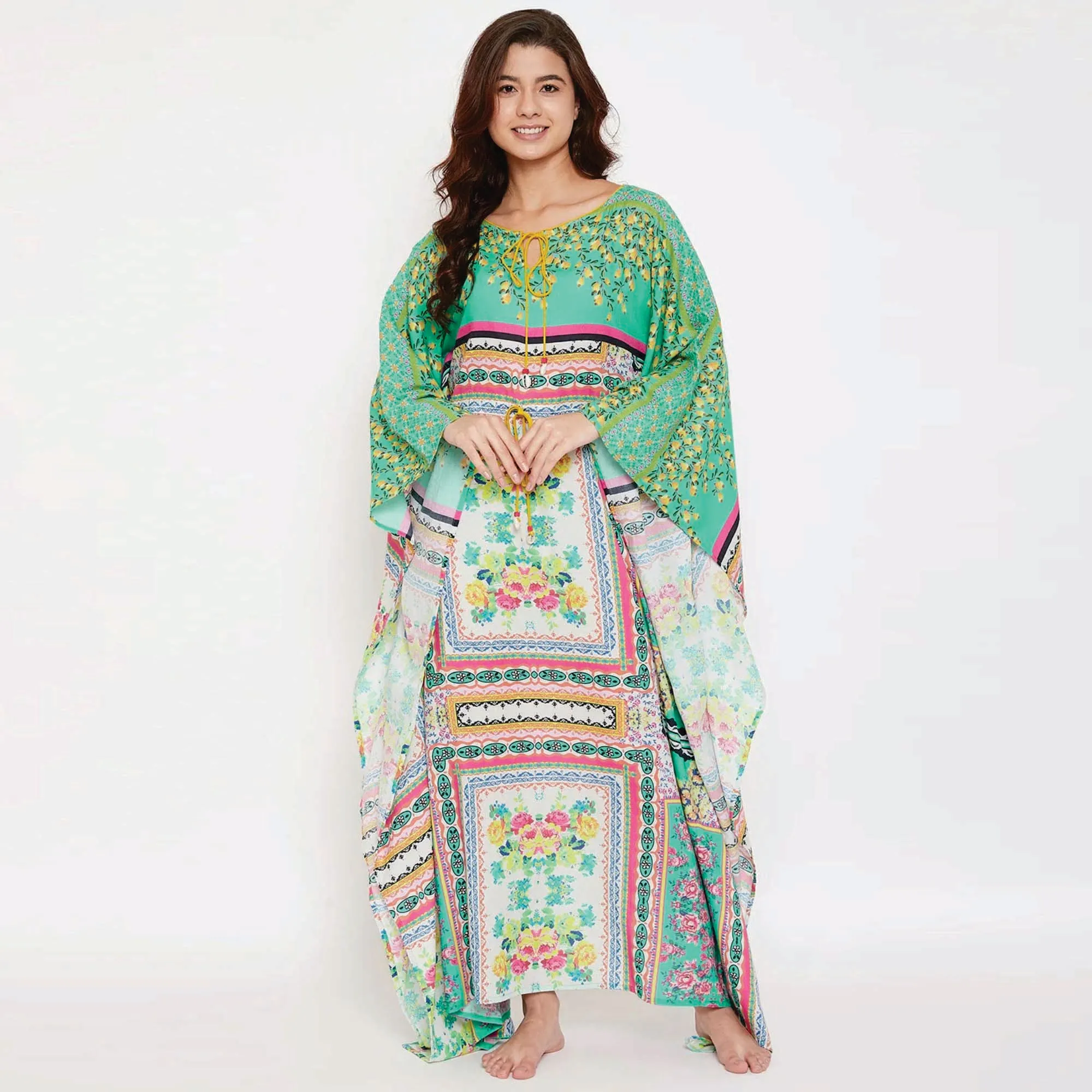 Custom Style & Fit Maxi Length Necktie-Up 100% Cotton Digital Printed Floral Cotton Maxi Kaftan