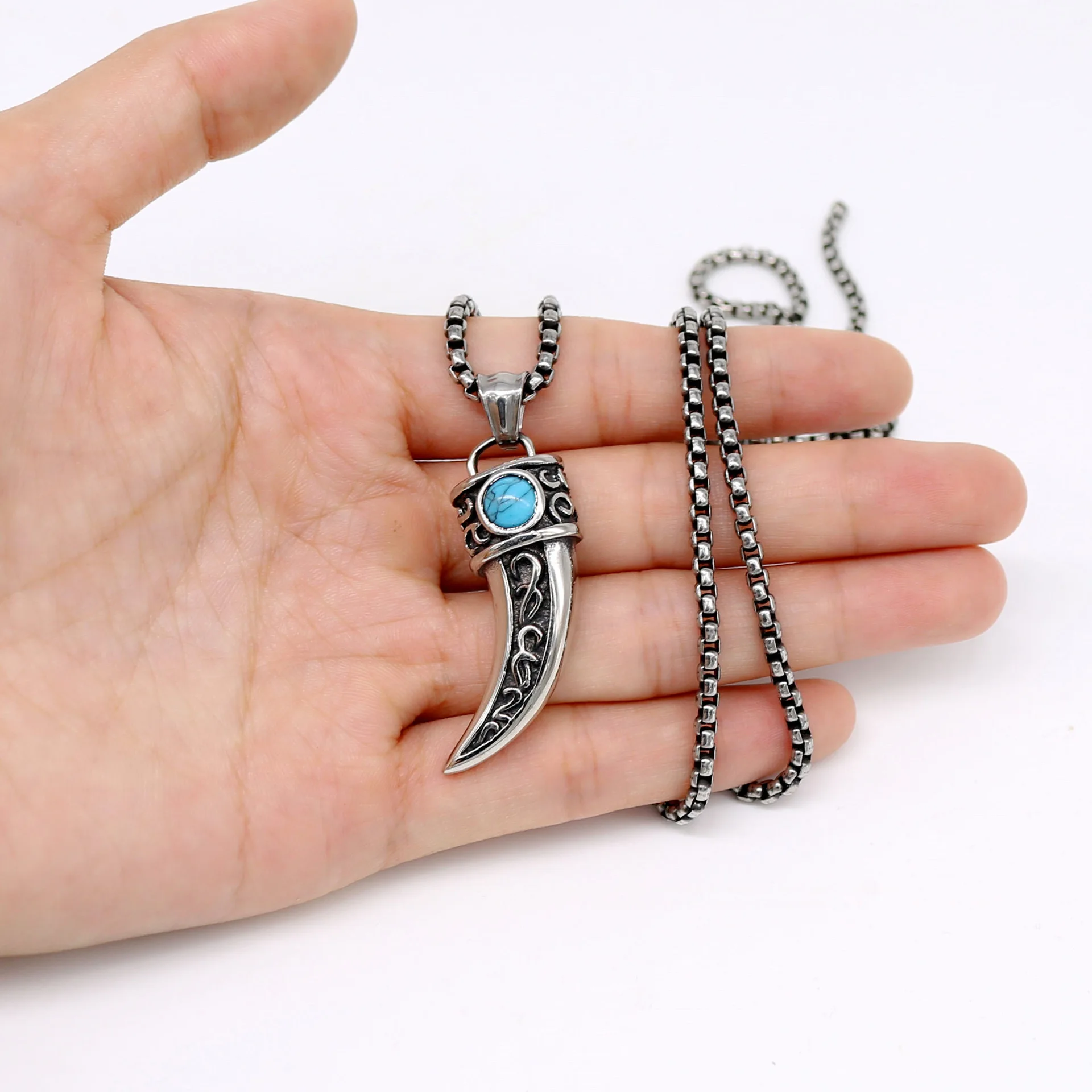 Fashion Pendant Necklace For Men And Women, Titanium Steel Jewelry Crescent Pendant Inlaid With Blue Turquoise Pendant