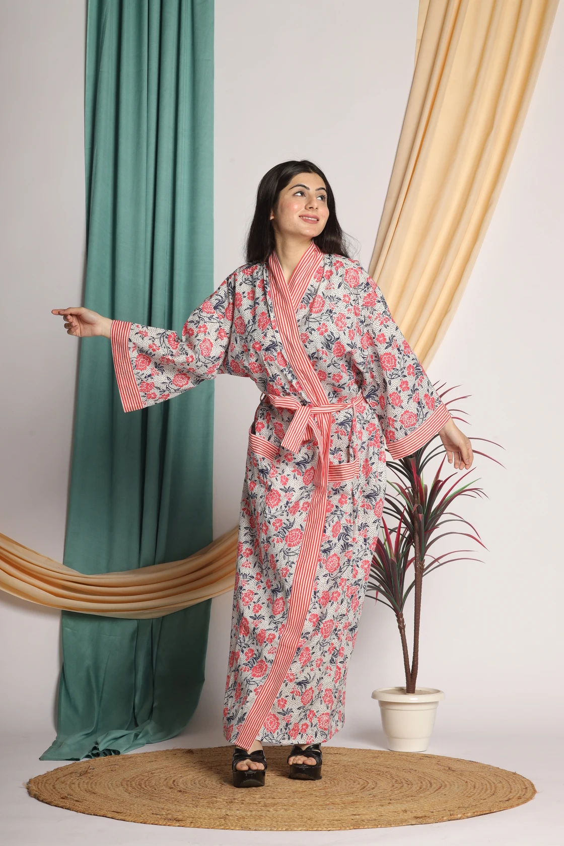 2024 collection Boho Wrap Dress women Silk Long Kimono Sleepwear Kimono Soft Indian Floral Dress For To be Moms handmade product