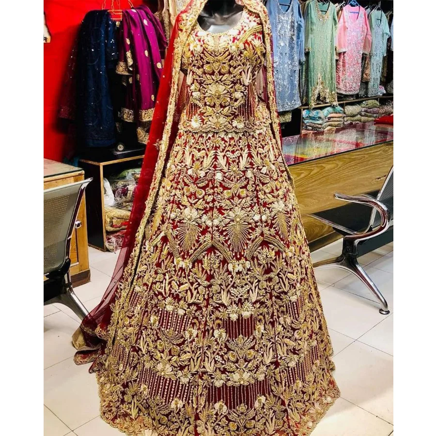 Wholesale Pakistan latest wedding dresses for bride at Net Fabric Fully Embroidered Net Dupatta and Silk Trouser
