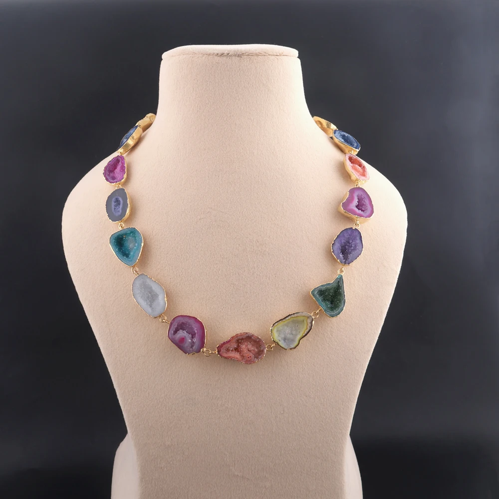 Personalized druzy necklace natural sparkle multi color geode druzy linked necklace gold electroplated edged statement necklaces