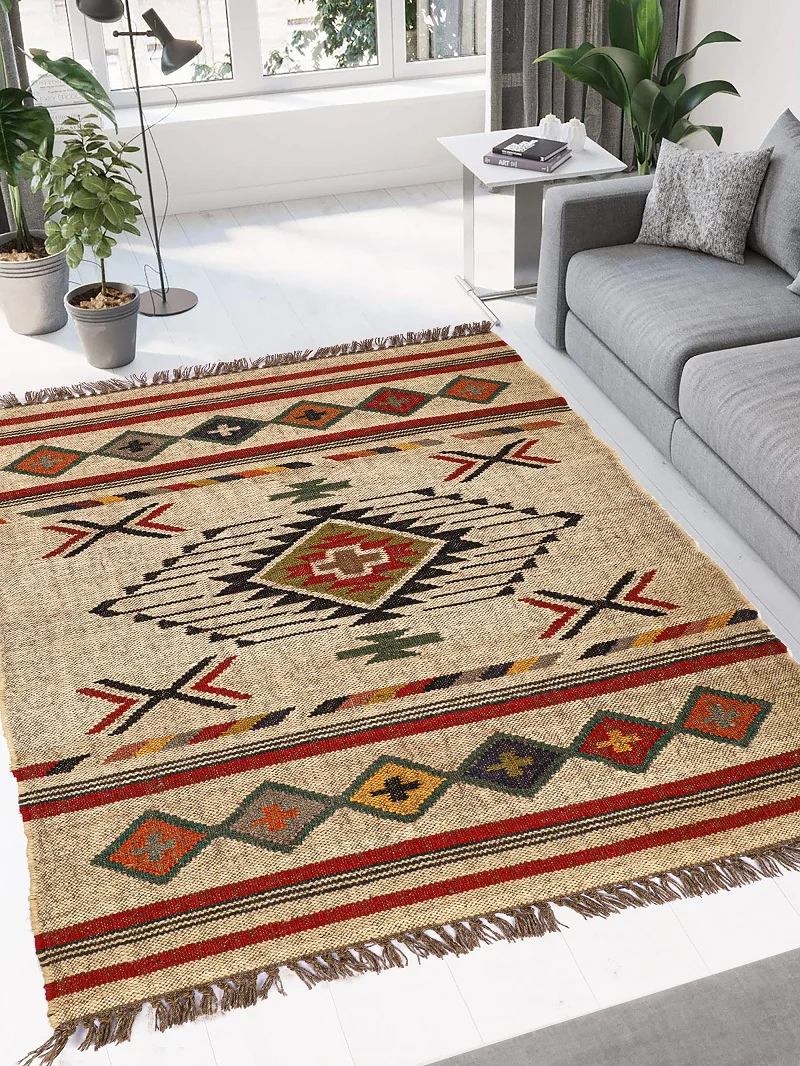 Handwoven Natural Jute Kilim Rugs Bohemian Turkish Design Wool Jute Rugs Home Decorative Custom Size India Room Door Decoration