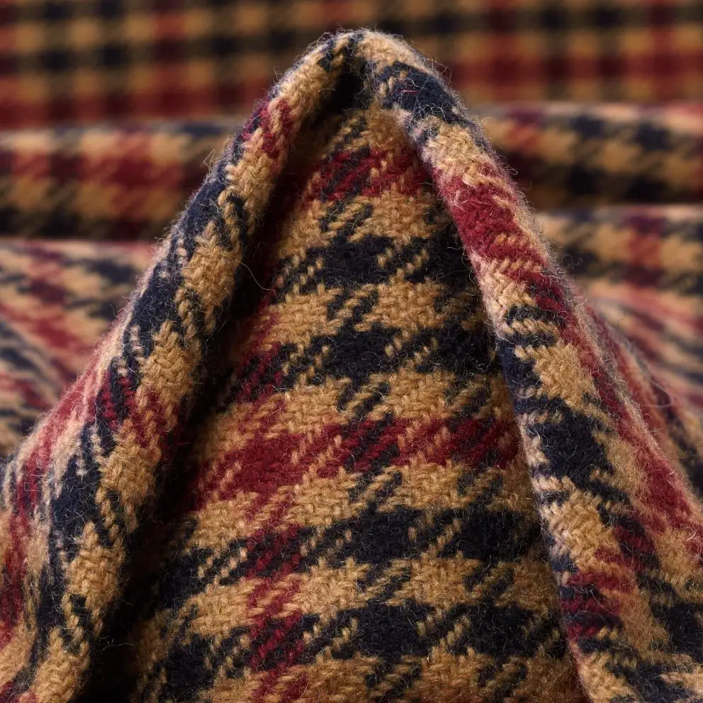 Available Now! Heavy Weight Wool Fabric for Outerwear. Houndstooth Print Heavy Wool: Red & Blue Checkered Design on Beige.