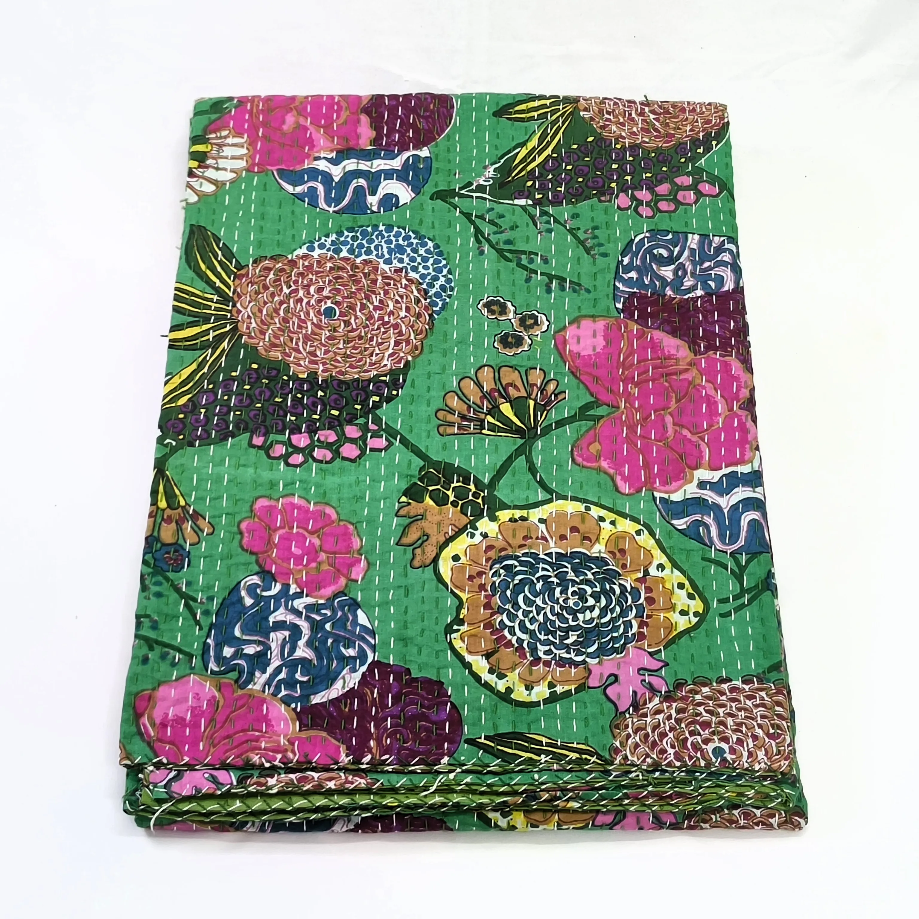 Indian Wholesaler of Handmade Quilt Vintage Tropicana Fruit Print Cotton Kantha Bedspread Blanket