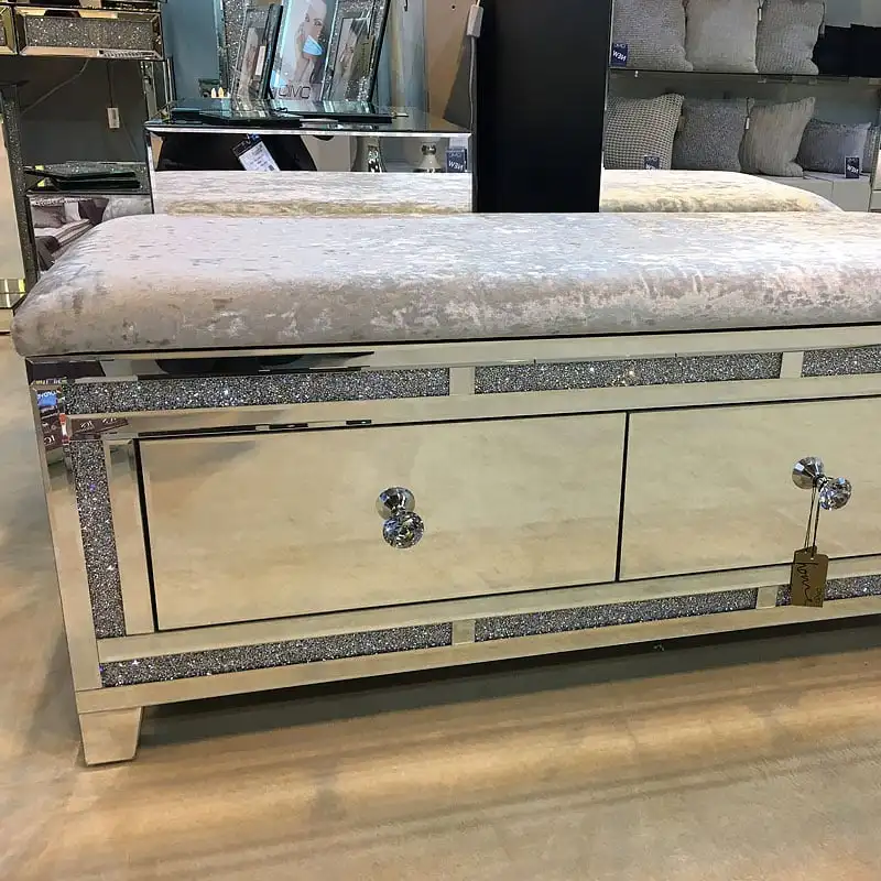 Diamond Glitz Bedroom 2 Drawer Chest Mirrored Velvet Bed End Ottoman Stool Bench with Storage for Bedroom