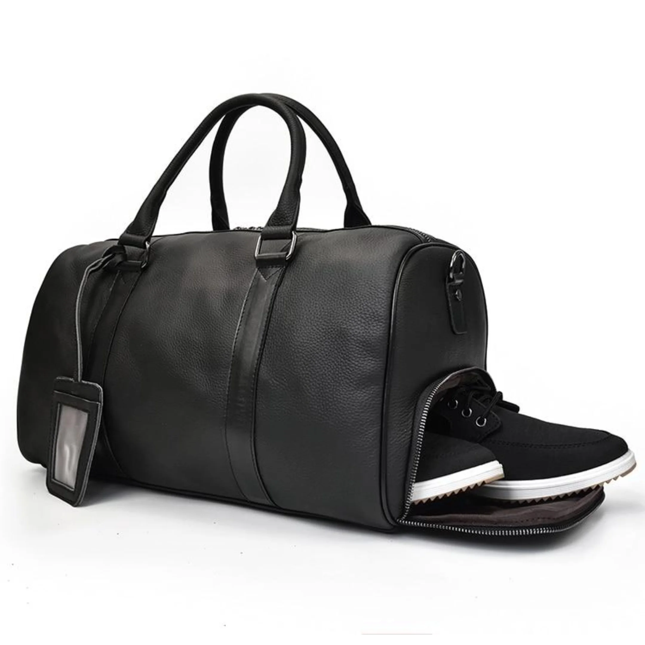 Exclusive Luxury Custom Genuine Leather Weekender Duffel Bag Men Black Pebbled Leather Shoe Compartment Travel Gym Use Featuring