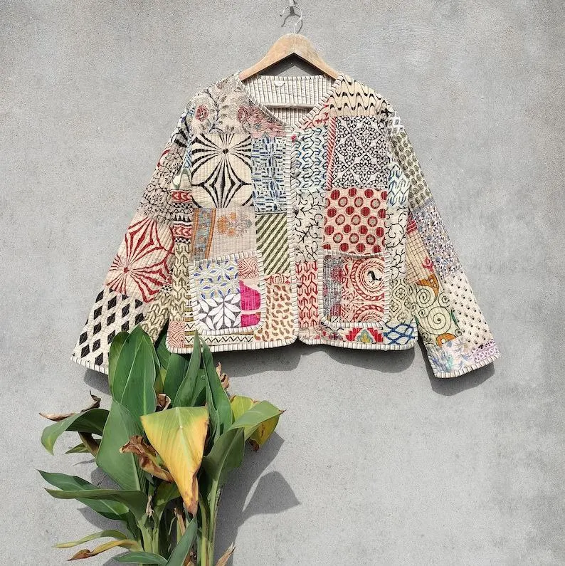 Handmade Patchwork Jackets Indian Cotton Winter Jacket Coat Bohemian Style Unisex Short Quilted Jacket