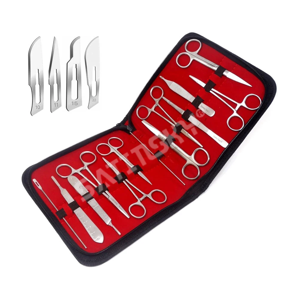 WholeSale Surgery 14 Pieces Set Veterinary Instruments Kit Scissors Forceps Needle Holders Scalpel Handle, Stainless Steel