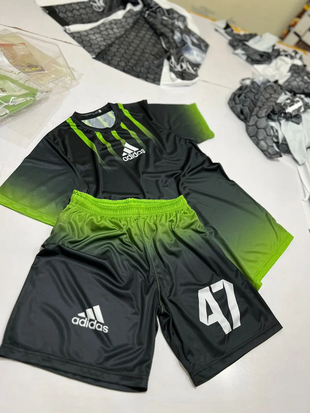 Premium design with mesh panel shorts green yellow and custom colors wholesale soccer uniforms