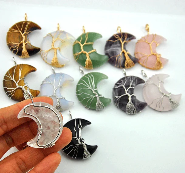 Wire Wrapped Moon Pendant Tree of life Chakra Jewelry Pendants Amethyst Rose Chakra Crystal Gemstone Necklace