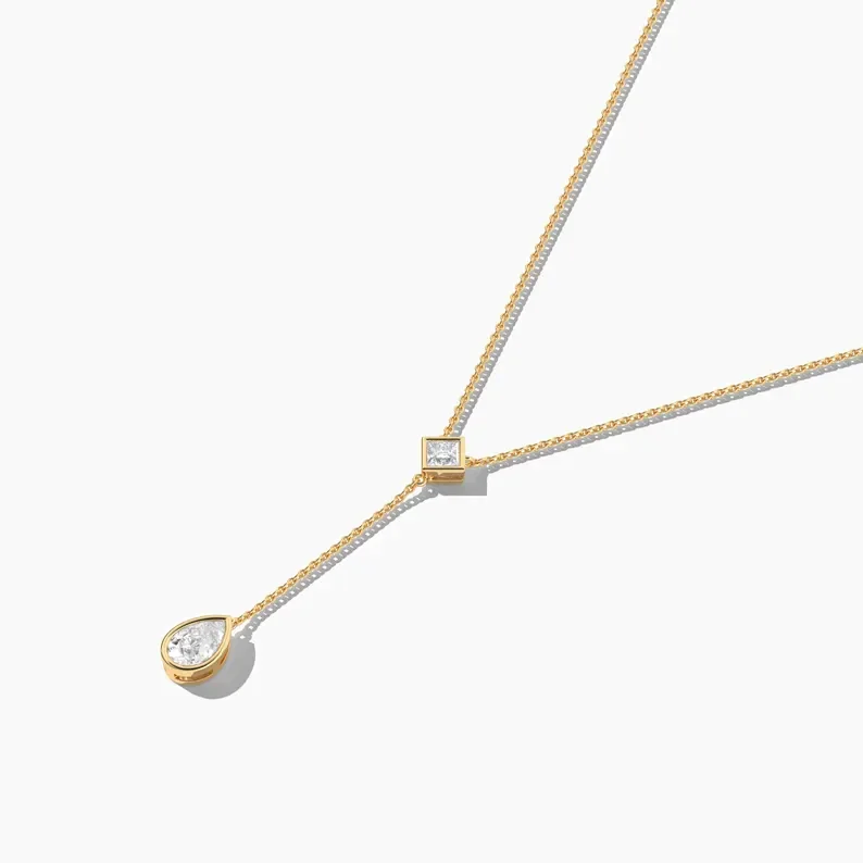 Princess & Pear Cut Diamond Bezel Lariat Necklace/ 14k  Solid Gold Made Moissanite Necklace Dainty Diamond Drop Y-Necklace