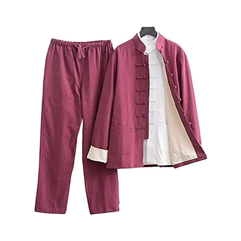 New Pure Cotton Traditional Chinese Tang Suit Long Sleeve Set Kung Fu Clothes Uniform Shirt Coat Pants for Men