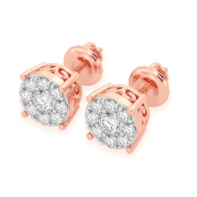 Mosaic Stud Earring Round Natural Diamond Open  Earrings For Women 14KT Yellow Rose White Gold Fine Jewelry