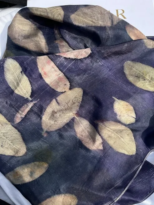 Wholesale Premium Blue High Quality Leafy Ecoprinted Ocean Pure Silk Sustainable Scarf for Women