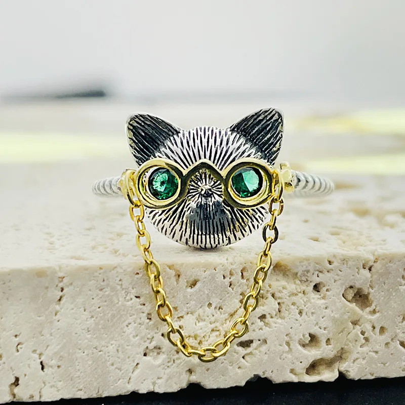 S925 sterling silver Dr. Cat glasses movable chain open ring for women retro green-eyed cat finger