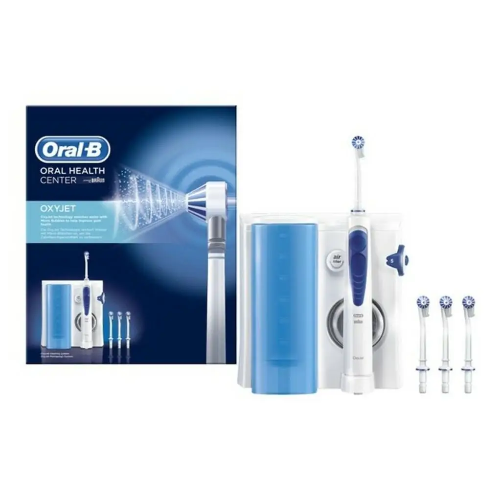 Oral-B Water Flosser, Oral Irrigator Handle with 4 Nozzles, White & Light Blue