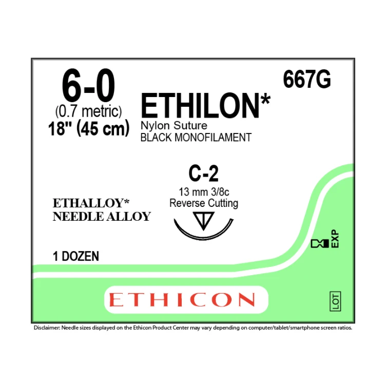 ETHI-LON 3/8 Reverse Cutting Needles Monofilament Nylon Suture Black 18in 6-0 Surgical Suture 667G 669G