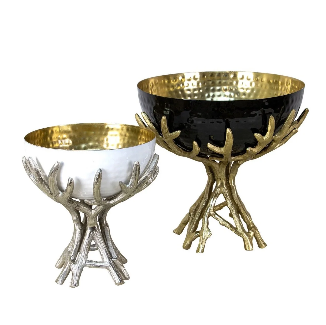 SET OF 2 Most Designer Black & White Hammered Fruit Bowl With Decorative Gold & Nickel Stand Serving Bowl For Table Ceneterpiece