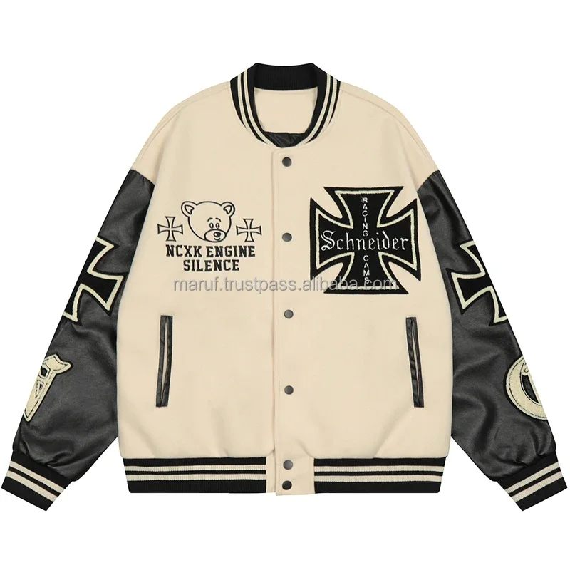 Factory Made Teddy Bear Chenille Patchwork Warm Clothing Press Button Closure Casual Varsity Jacket