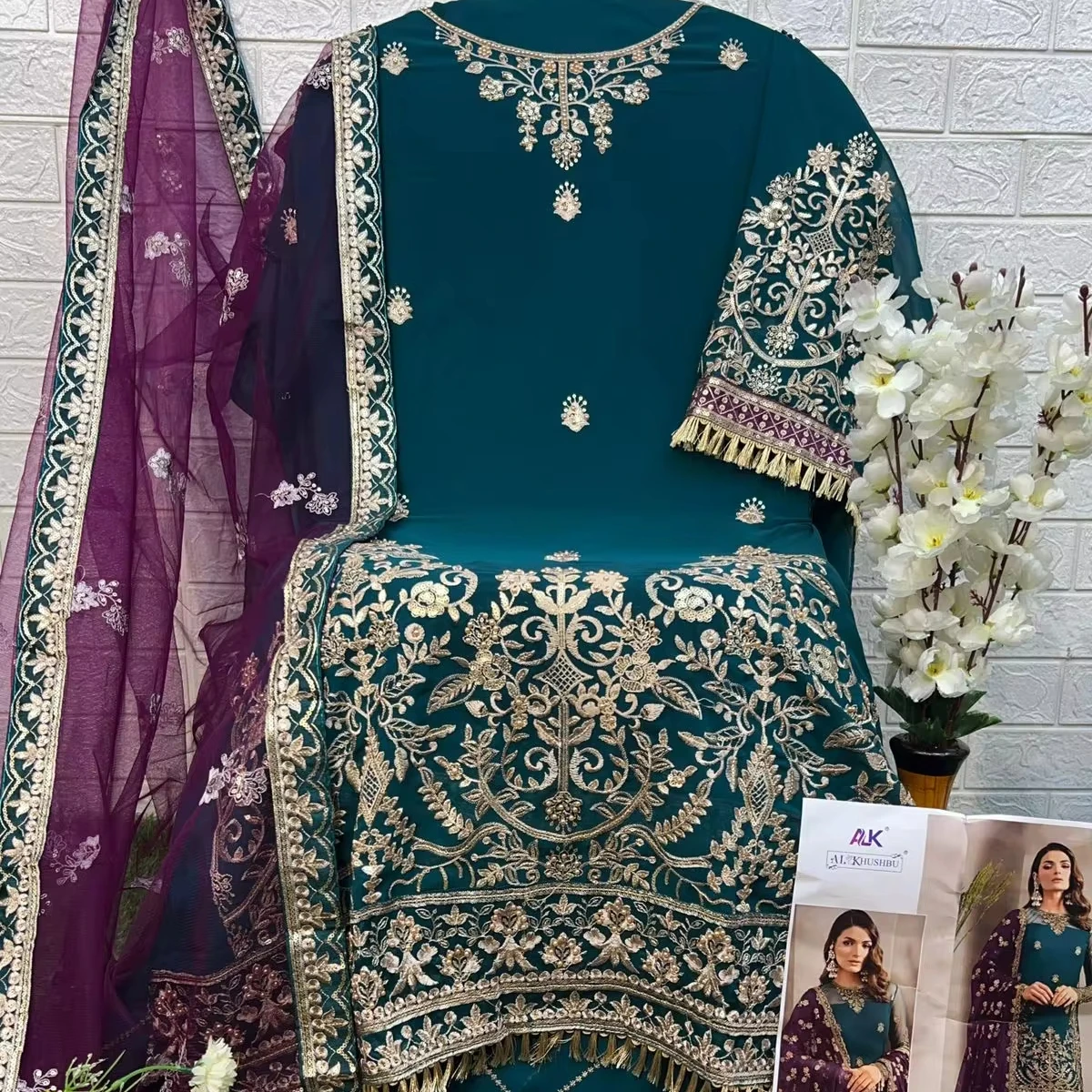 Foxjorger Elegant Casual Dress Ensemble Georgette Embroidered Rhinestone Sequin Diamonds Long Sleeved Santoon Patchwork Dupatta