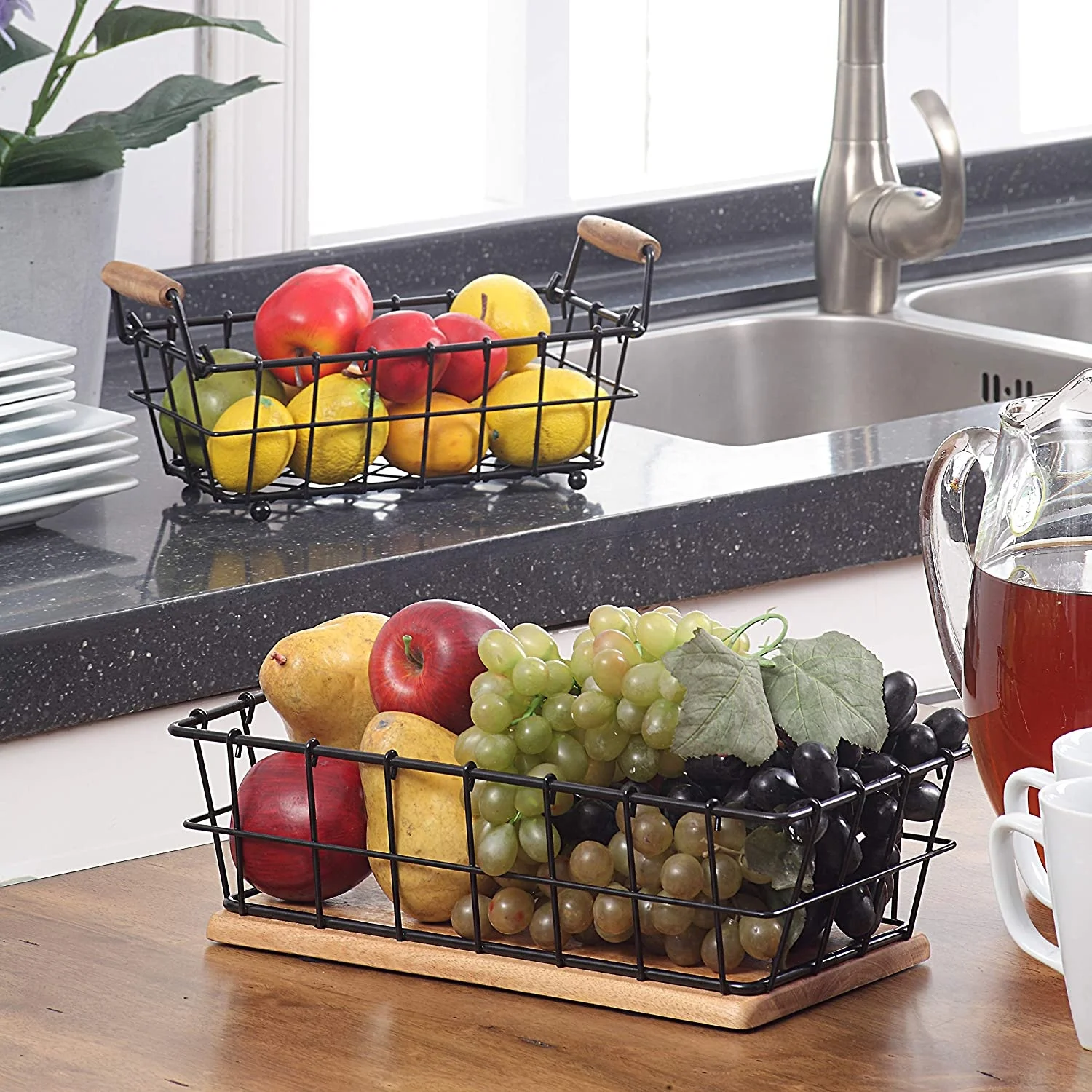 Premium Quality 2 Tired Decorative Metal With Wooden Base Decorative Basket For Kitchenand fully customizable.