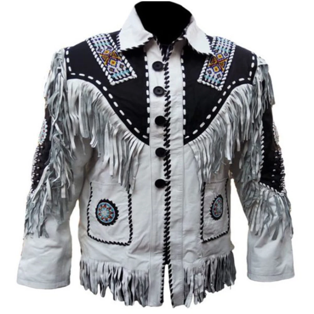 Fringed & Beaded Original Cow Leather Western Style Men Beautiful Cowboy Leather Jacket for Men