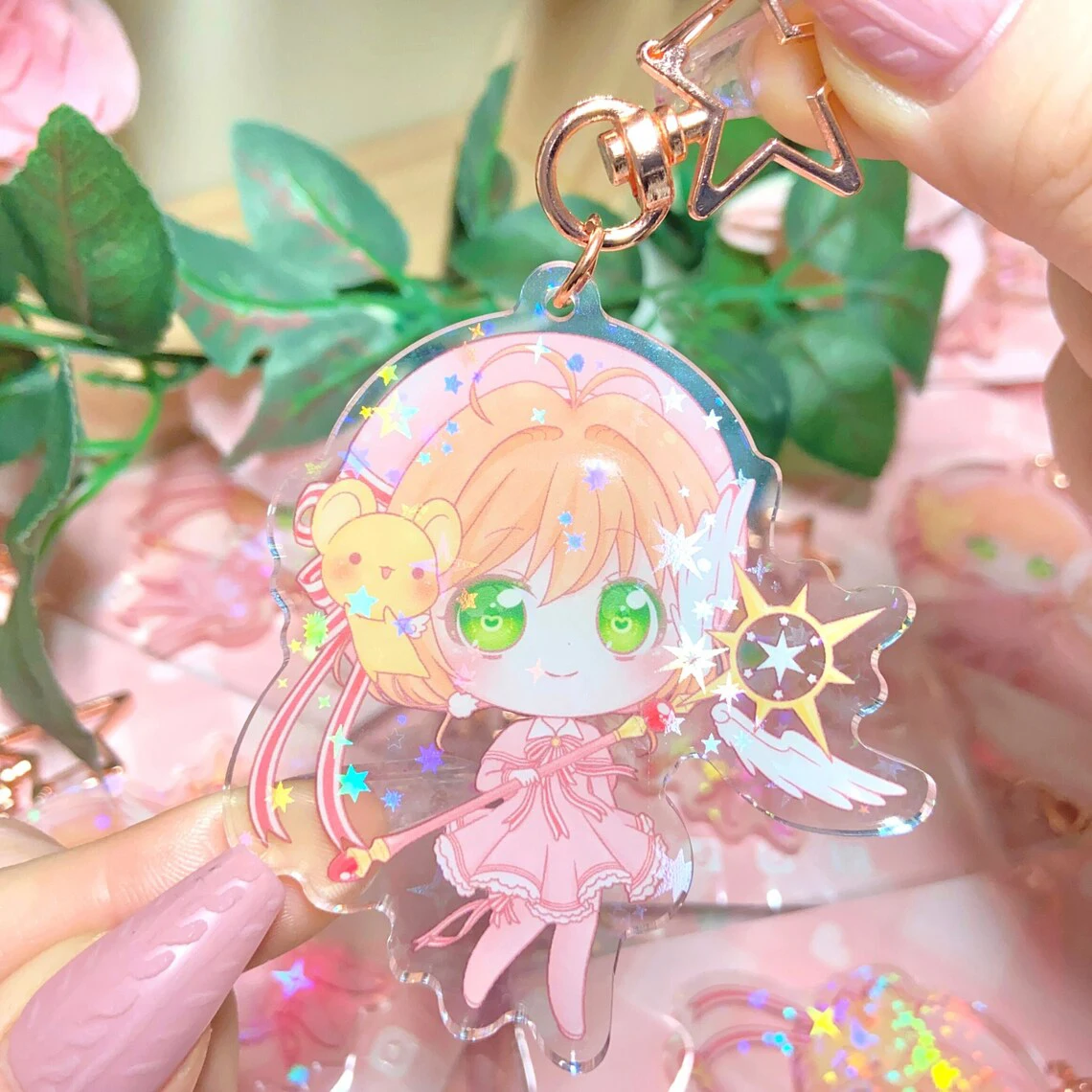 Laser logo clear printed charm custom acrylic holographic finish keychain