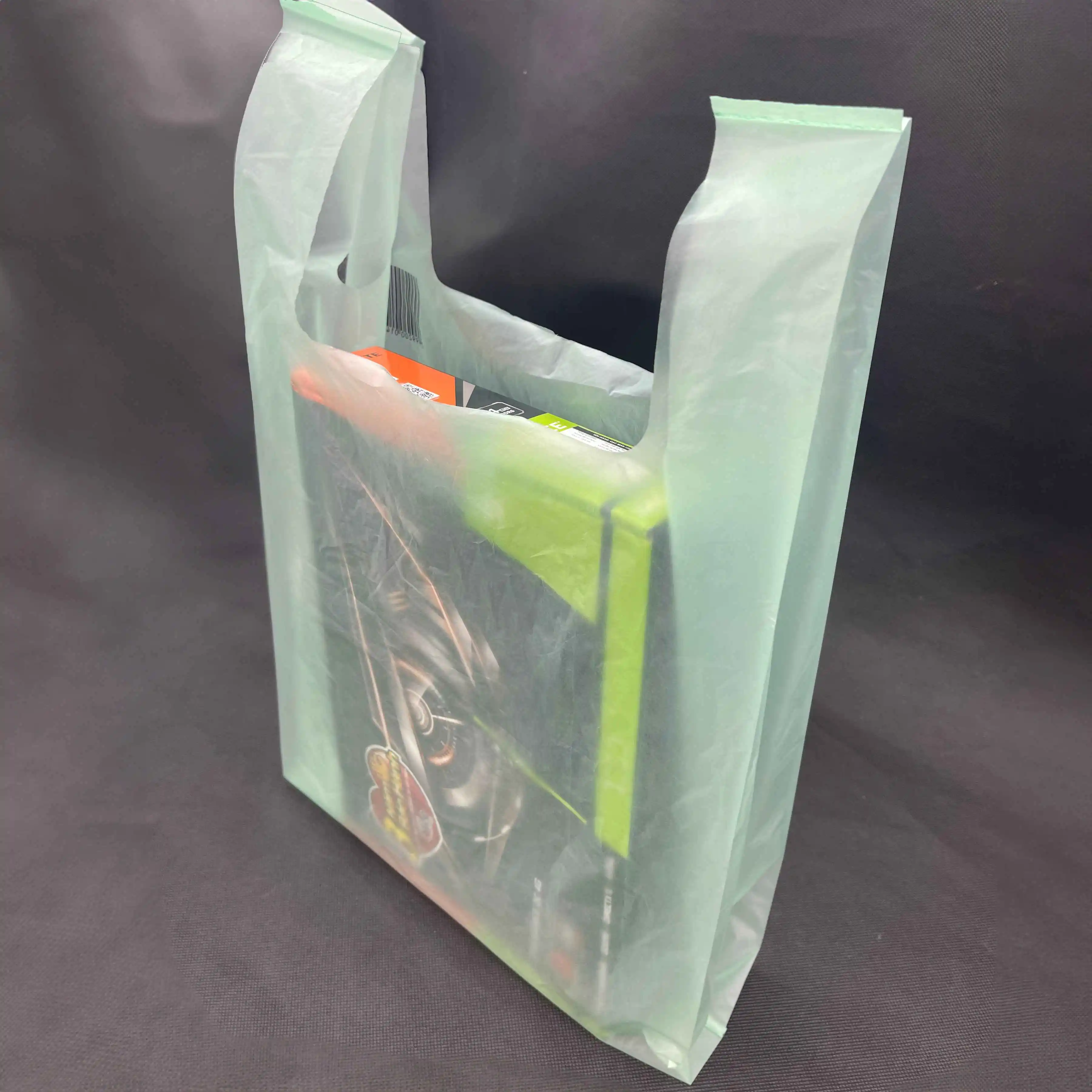 Оптовая продажа 100% Компостируемый натуральный растительный мешок с ручкой для футболки биоразлагаемый кукурузный крахмал сумка покупок