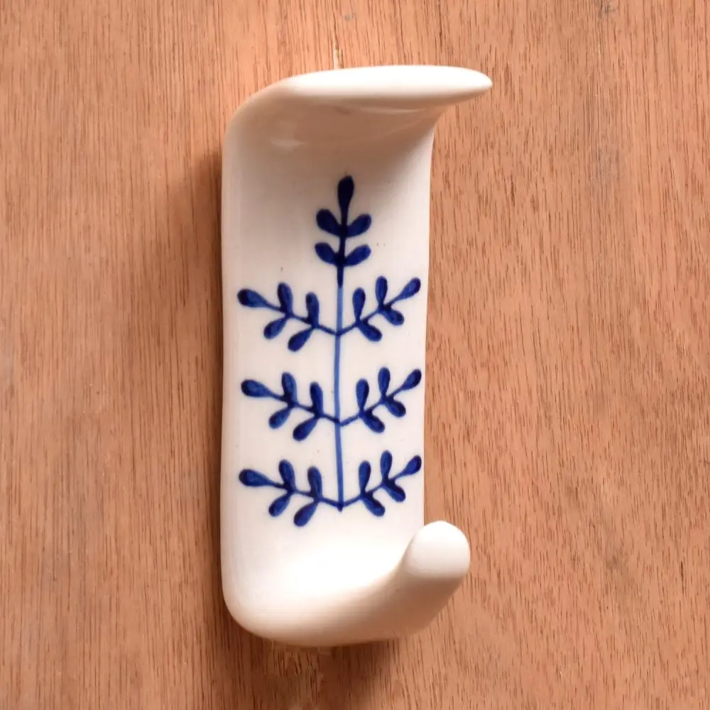Wholesale Bulk  Ceramic Coat Hooks and Hanger White Adhesive Bathroom Wall Hooks Blue Floral No Drill Wall Hooks HK-2012