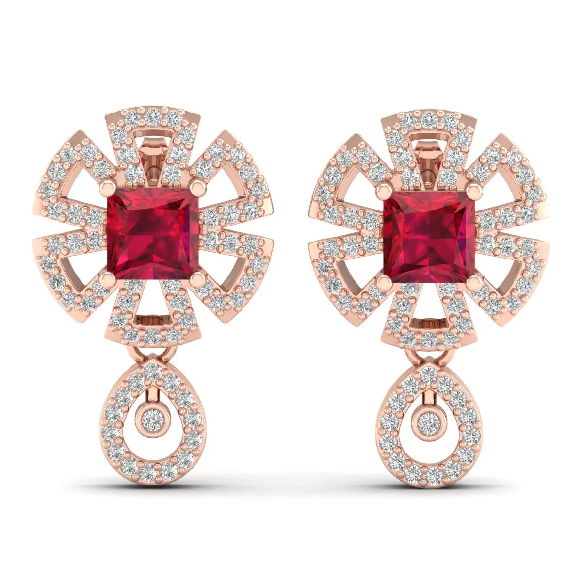 REYES Customisable 14K 18K 22K Gold Moissanite Screw Back Drop Earring 2 Carat Ruby Gemstone Princess Cut Jewelry for Weddings