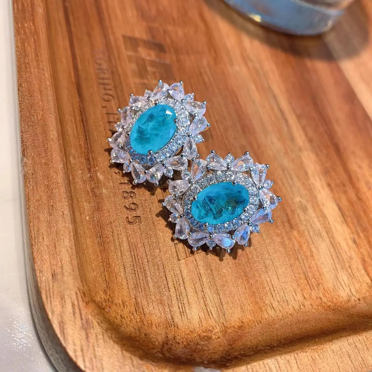 New European and American Explosive Models Paraibaran blue Gemstone Necklace Earrings Ring Jewelry Set