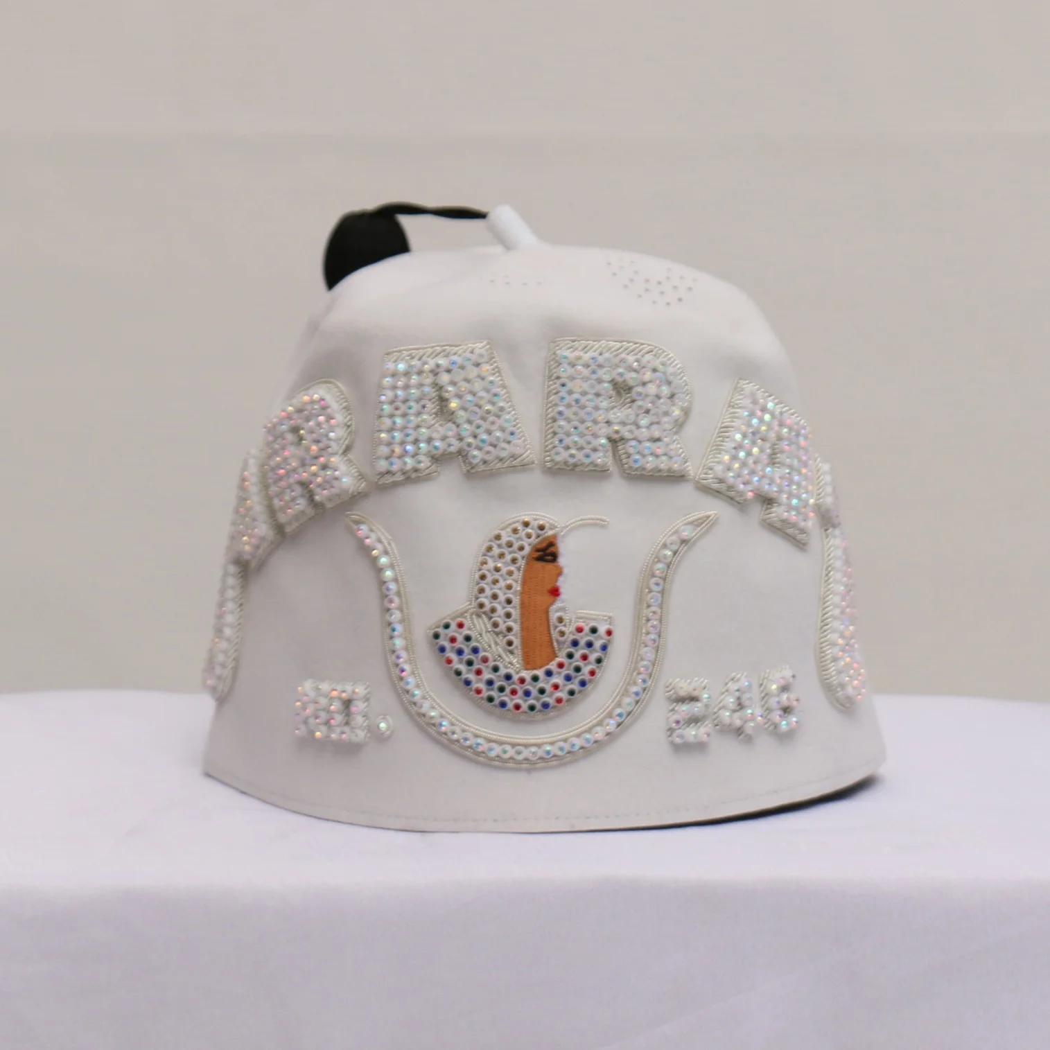 DOI ARARAT Fez White Bullion Four Rows White Fezzes Hand Embroidered Custom Court and Number 4 Three Rows White Fez