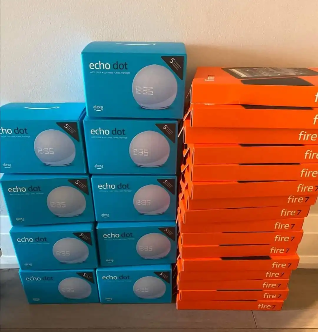 Echo Dot with Clock 5th Generation, Glacier White + Portable Battery Base, White