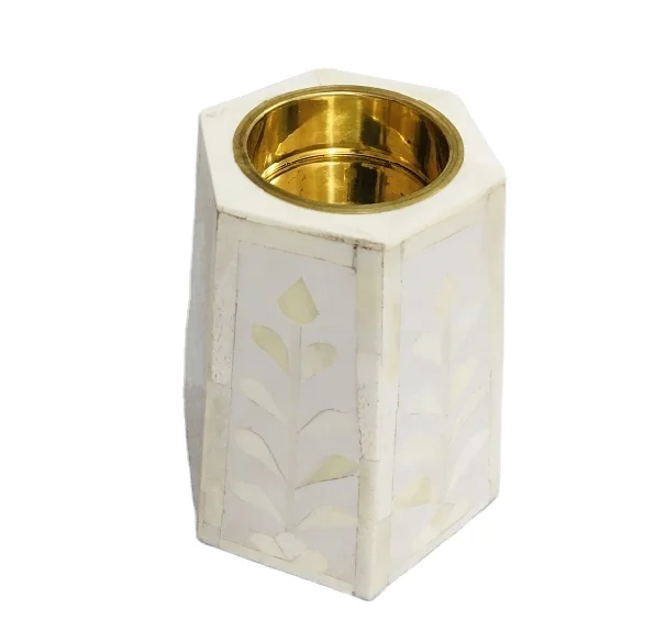 Bone inlay style candle holder with handmade Customize  size Bone Inlay  candle holder for decoration for sale brass tea light