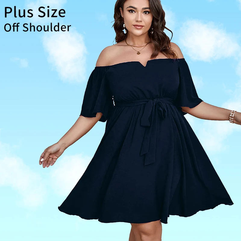 Womens Plus Size Cocktail Dress  Off Shoulder Short Sleeve Flowy Ruffle A-Line Cute Mini Dress with Belt
