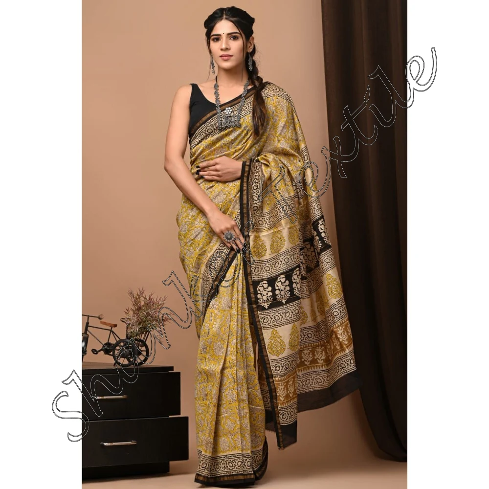 New Chanderi Silk Saree Indian with Blouse Block Printed for Woman Eco-friendly Adults India & Pakistan Wedding Dress Support