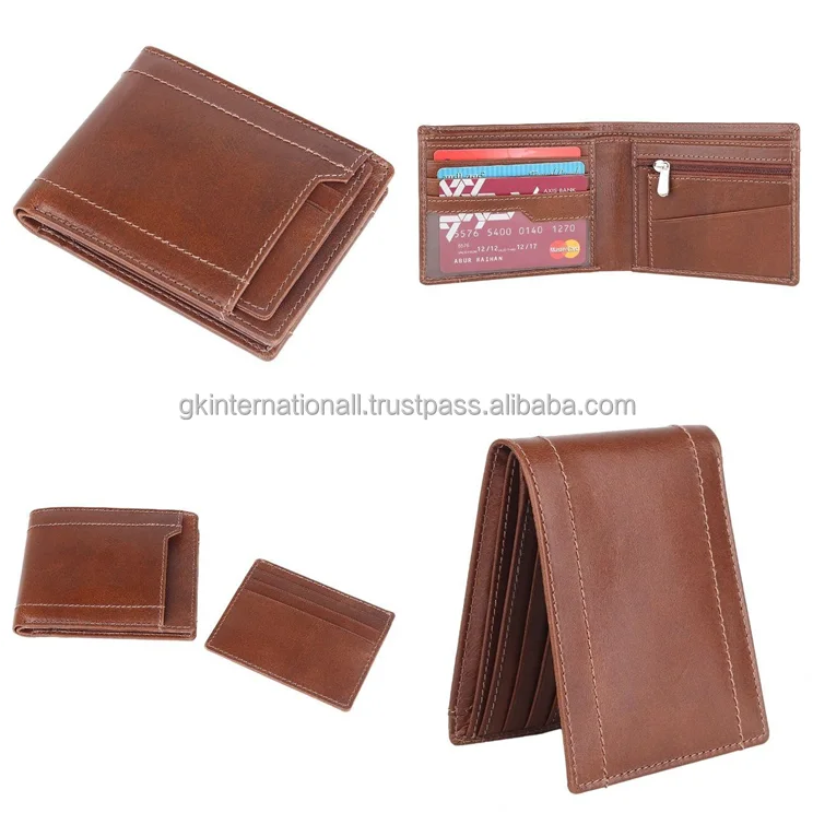 Stylish Trendy Handmade Leather bifold wallet in two shade hunter leather with cotton lining inside anti theft RFID protection