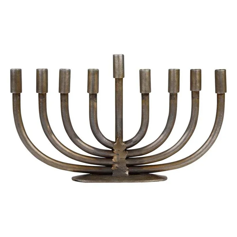 Antique Vintage Judaica Hanukkah Hand Forging Menorah Iron Hammered Elegant Design Hanukkiah Black Jewish Nine Branch Style