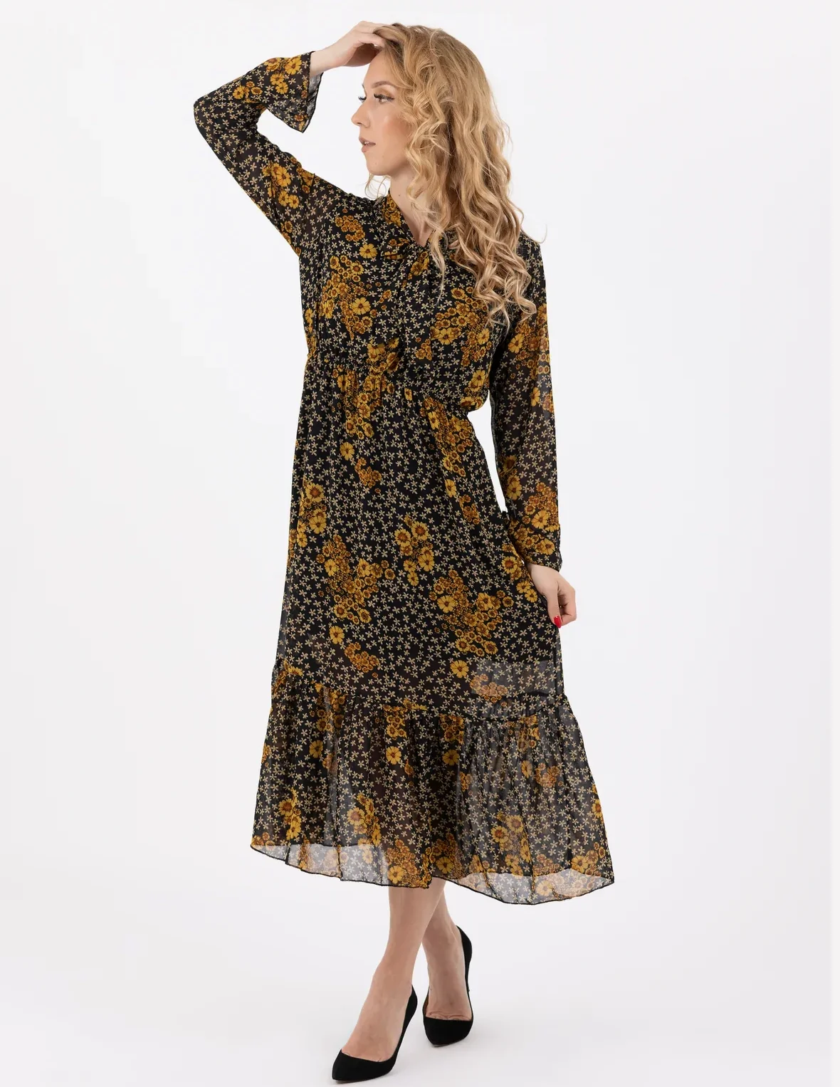 2022 Top Seller Spring Summer Elegant Floral Print Women Long Dress Long Sleeve Maxi Dress Casual Female With Zipper