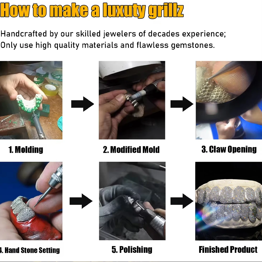 Honeycomb Custom Moissanite Opel Grillz Round Perm Cut 18k Gold Plated VVS Diamond Hip Hop Iced Out Jewelry Grillz