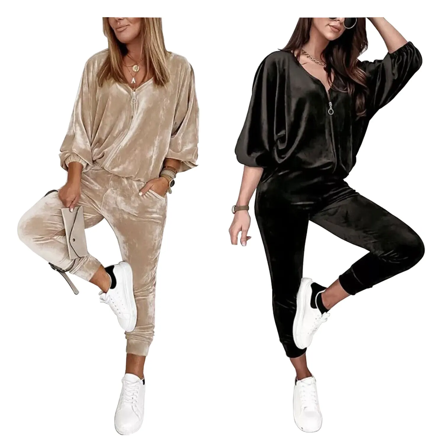 Buy Spring Lounge Wear Custom Logo Velour Two Piece Tracksuit Zip Up Sweat Suit Pants Set Velvet Women Sets