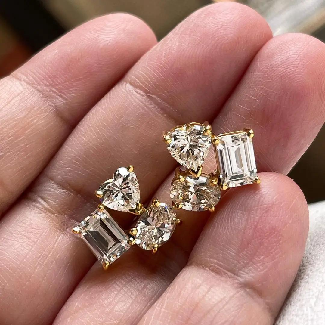 Multi Stone Lab Grown Diamond Earring 3 Stone CVD Diamond Stud Earring 1.50 Ctw Oval Emerald & Heart Woman Stud 14k Yellow  Gold