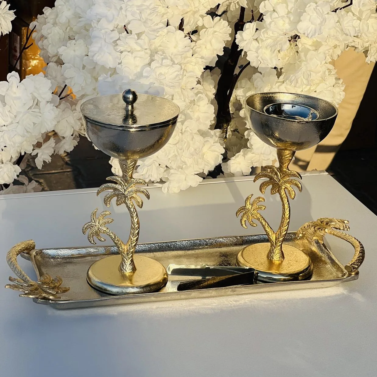 Aluminum Long Tray Best Quality Handmade Silver Finishing Cupcake & Candies Serving Tray With Candy Bowls