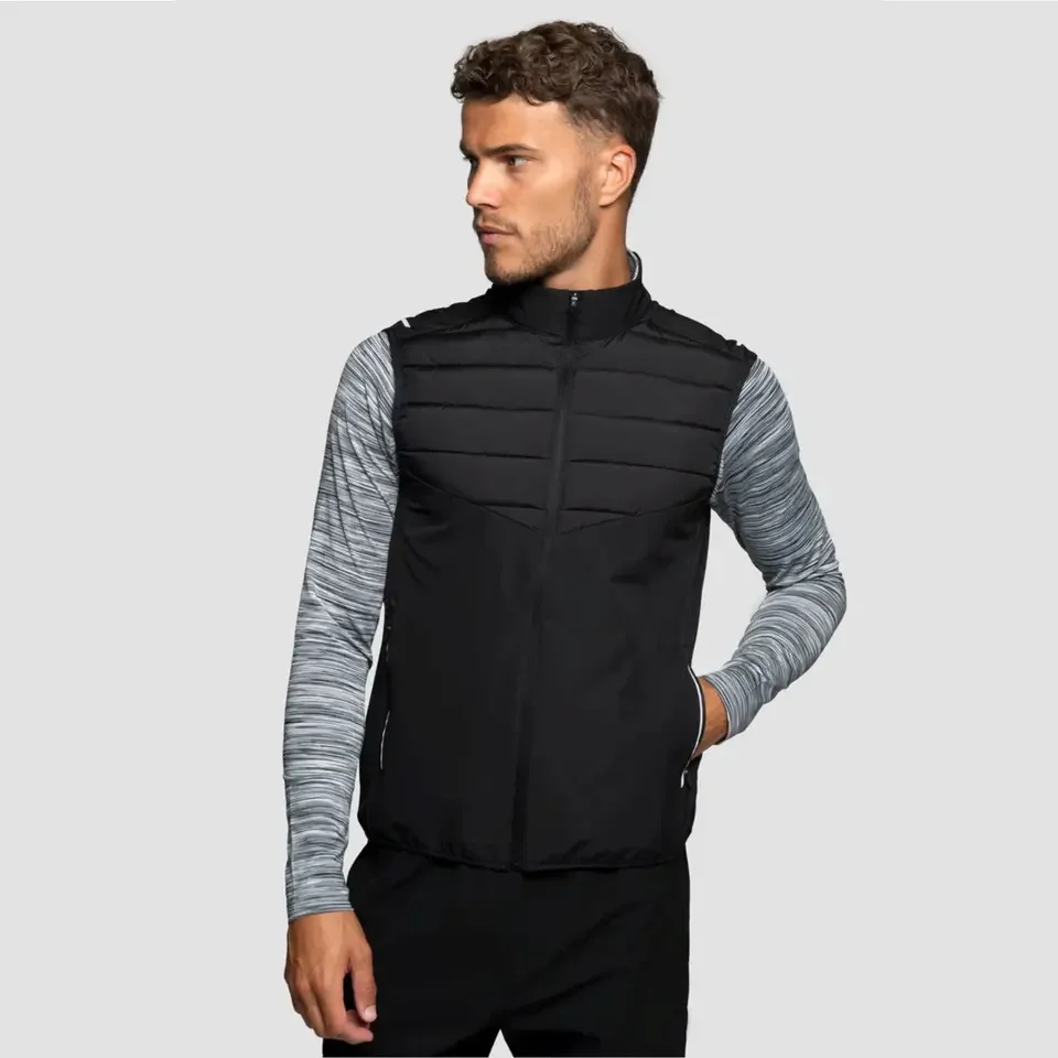 Reflective Branding Full Zip Fastening Black Mens Gilet Jacket with Easy Access Zipped Pockets and Quilting to Front and Back