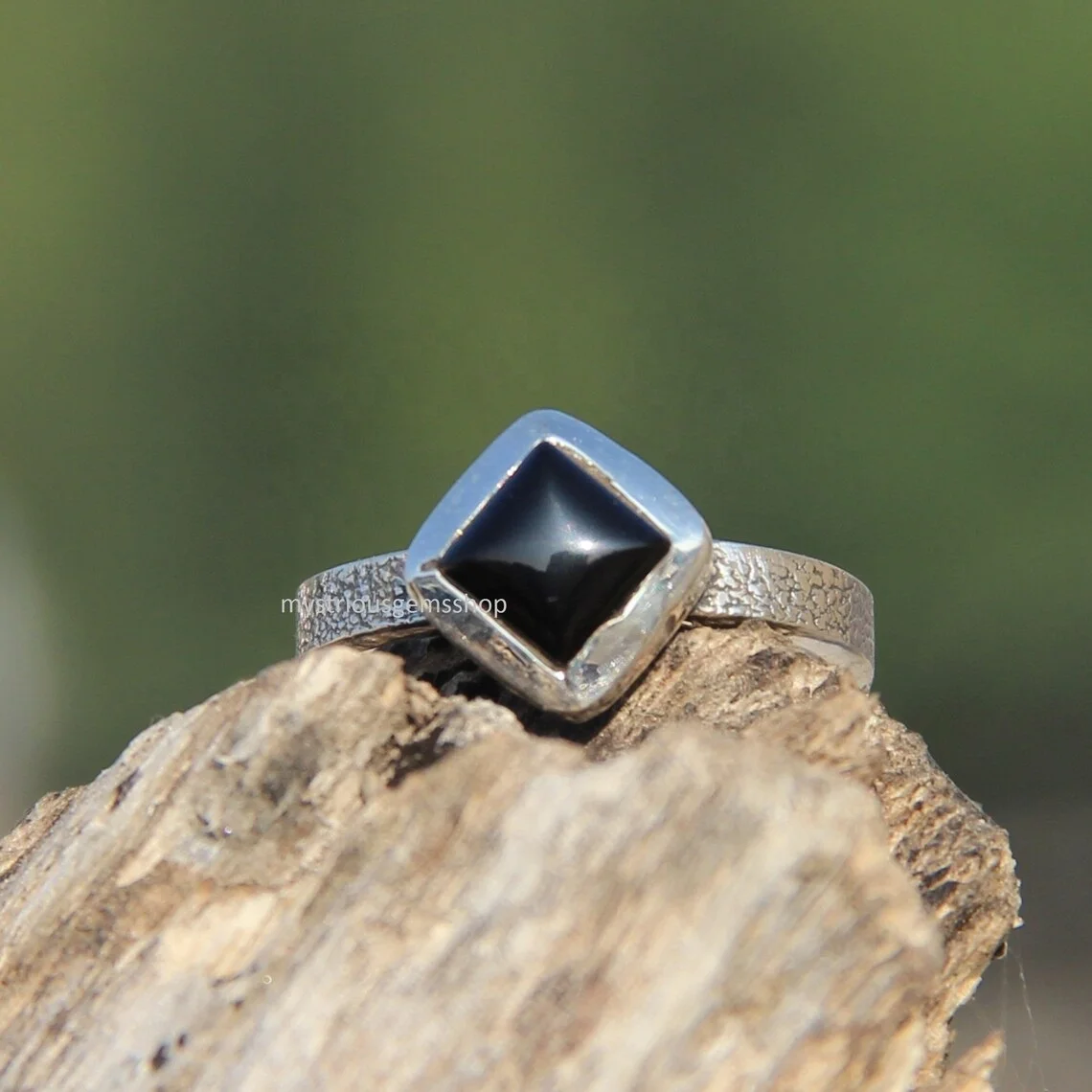 Solid 925 Sterling Silver Adjustable Ring Black Onyx Cabochon Ring Square Shape Gemstone Handmade Ring For Gift