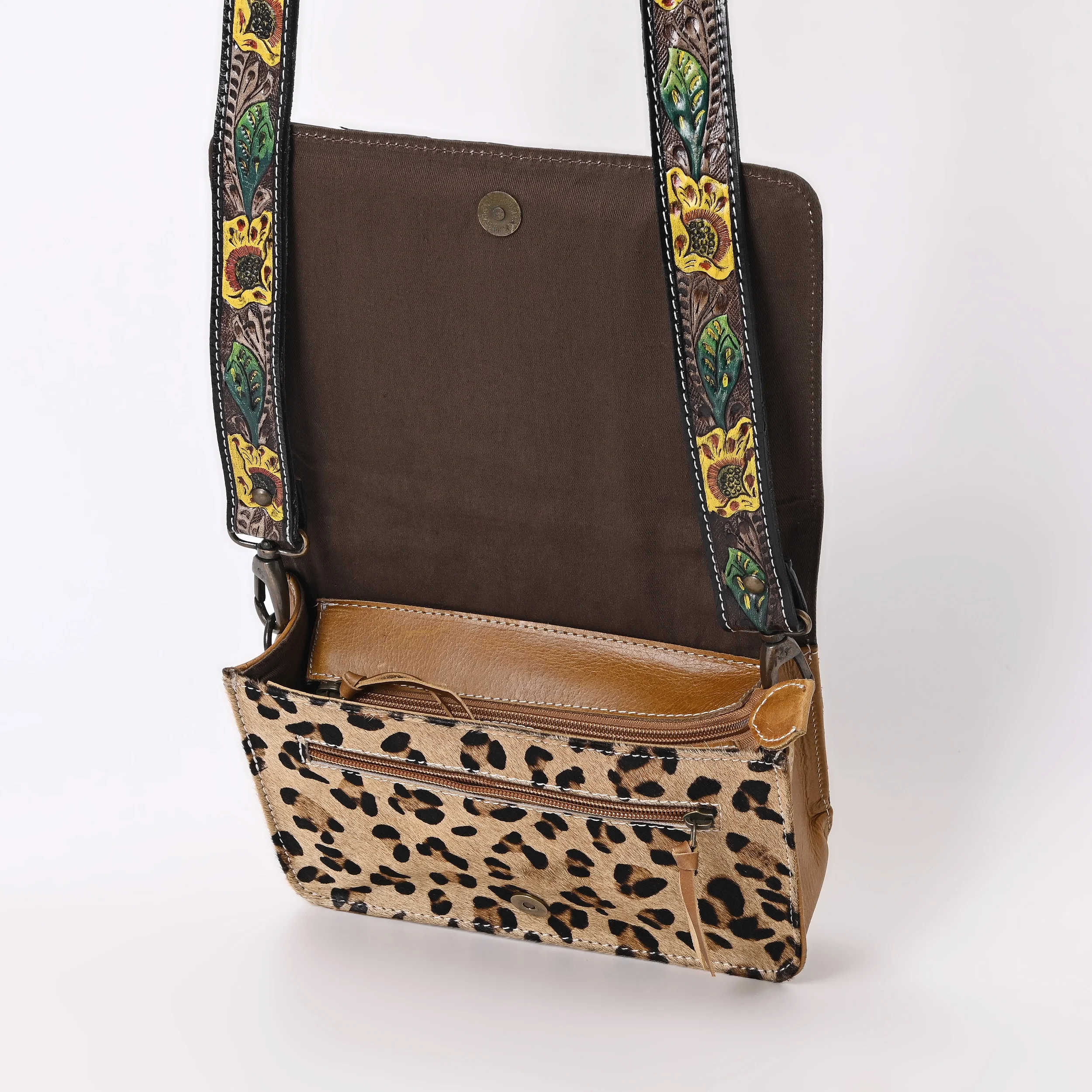 Cowhide Leather Messenger Bag Sunflower and Leaf Hand Tooling Shoulder Tote and Sling Styles Multiple Pocket Magnet on Flap