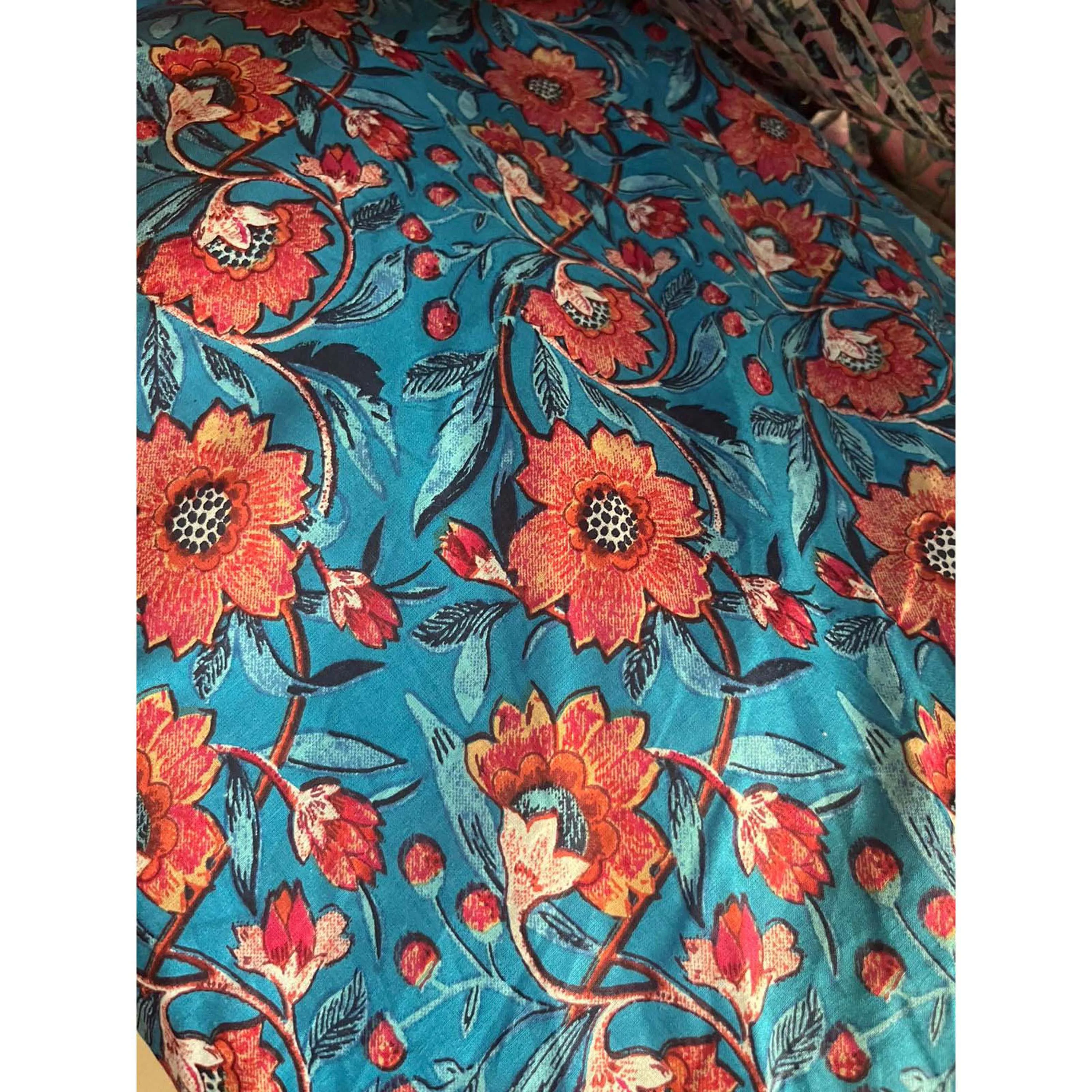 Beautiful Hand Block Print Fabric Floral Print Indian Kimono Rob Fabric For Indian Dress Cotton Hand Block Floral Print Fabric