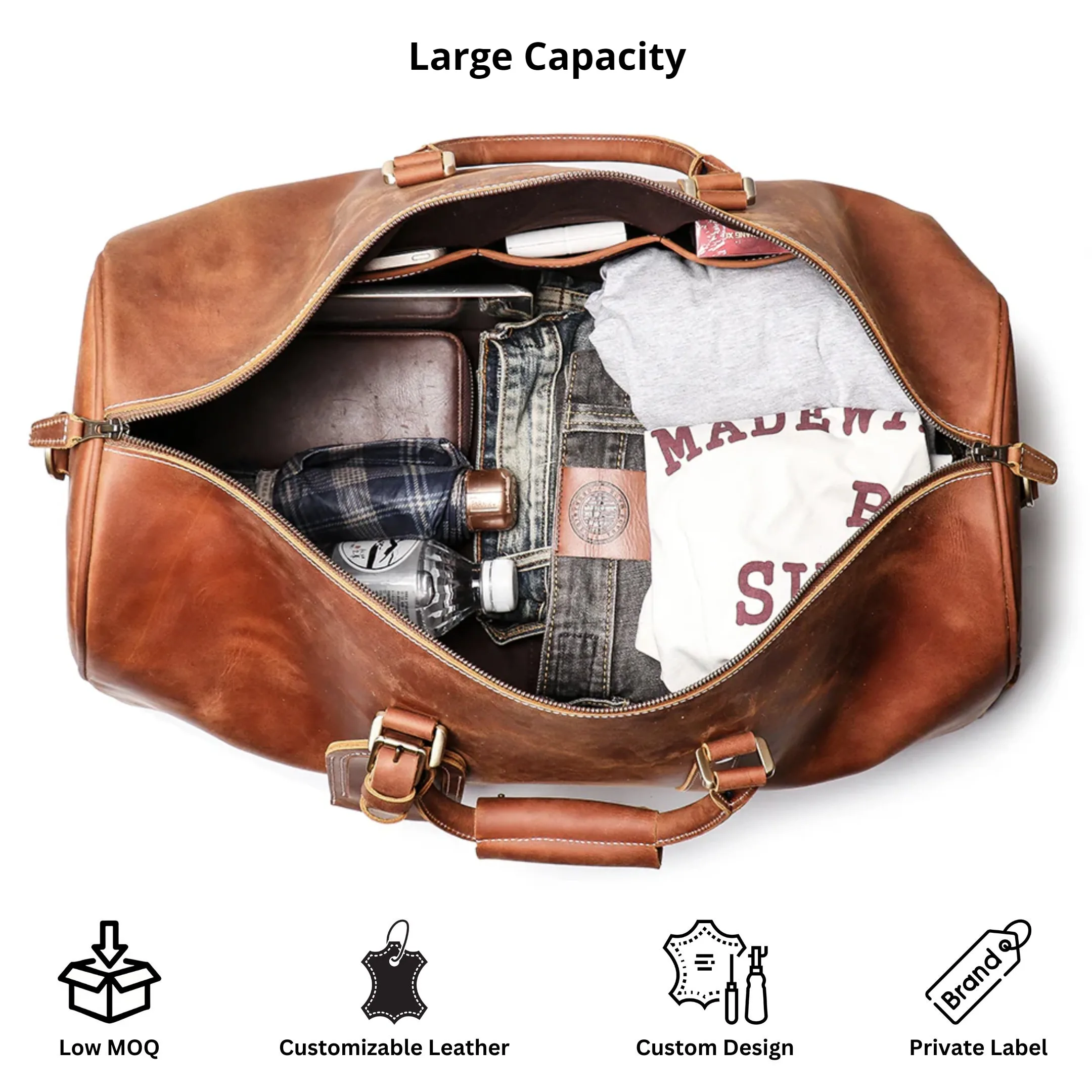 Elegant Brown Vintage Leather Duffel Bag  Men Genuine Crazy Horse Leather Weekender with Shoe Compartment Design and Custom Logo