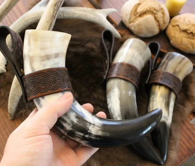 Handmade Buffalo Horn Drinking Horn with Leather Holder - Standing Design for Drinking
