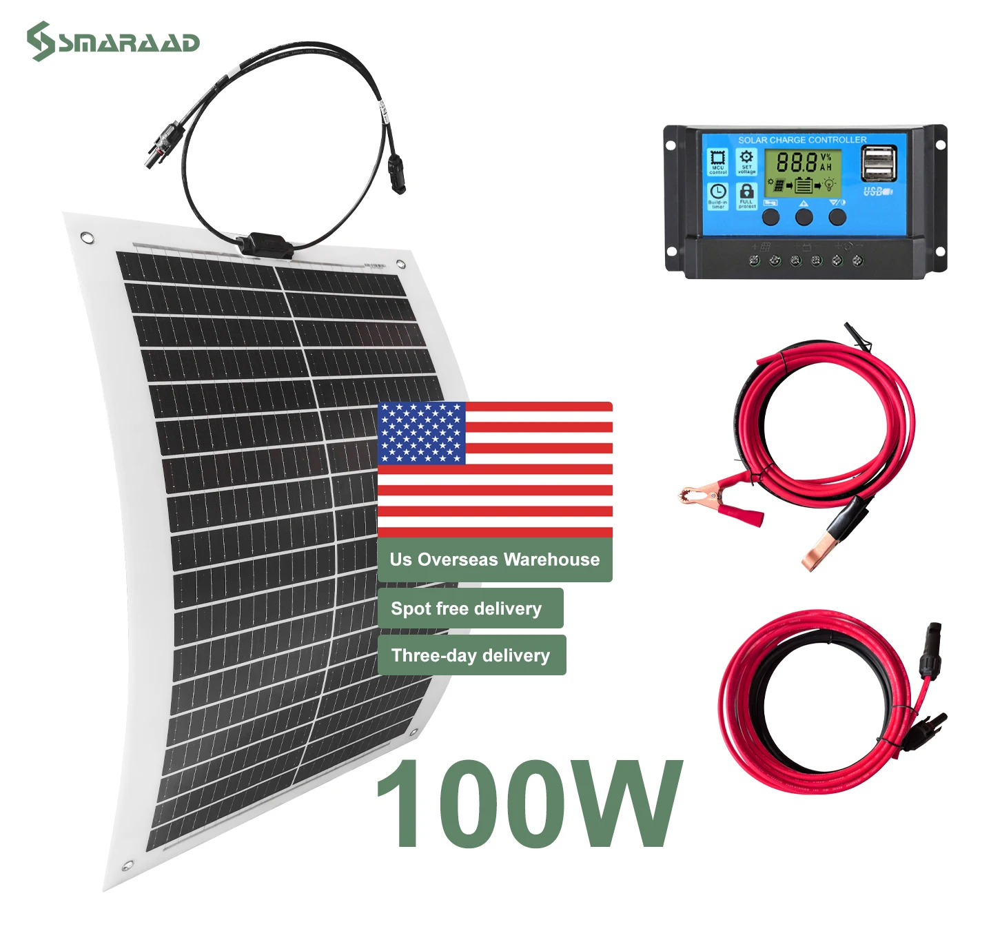 Us stock 100W Monocrystalline Flexible Solar Panel Solar Controller and Cable Set for Camping Trips Waterproof